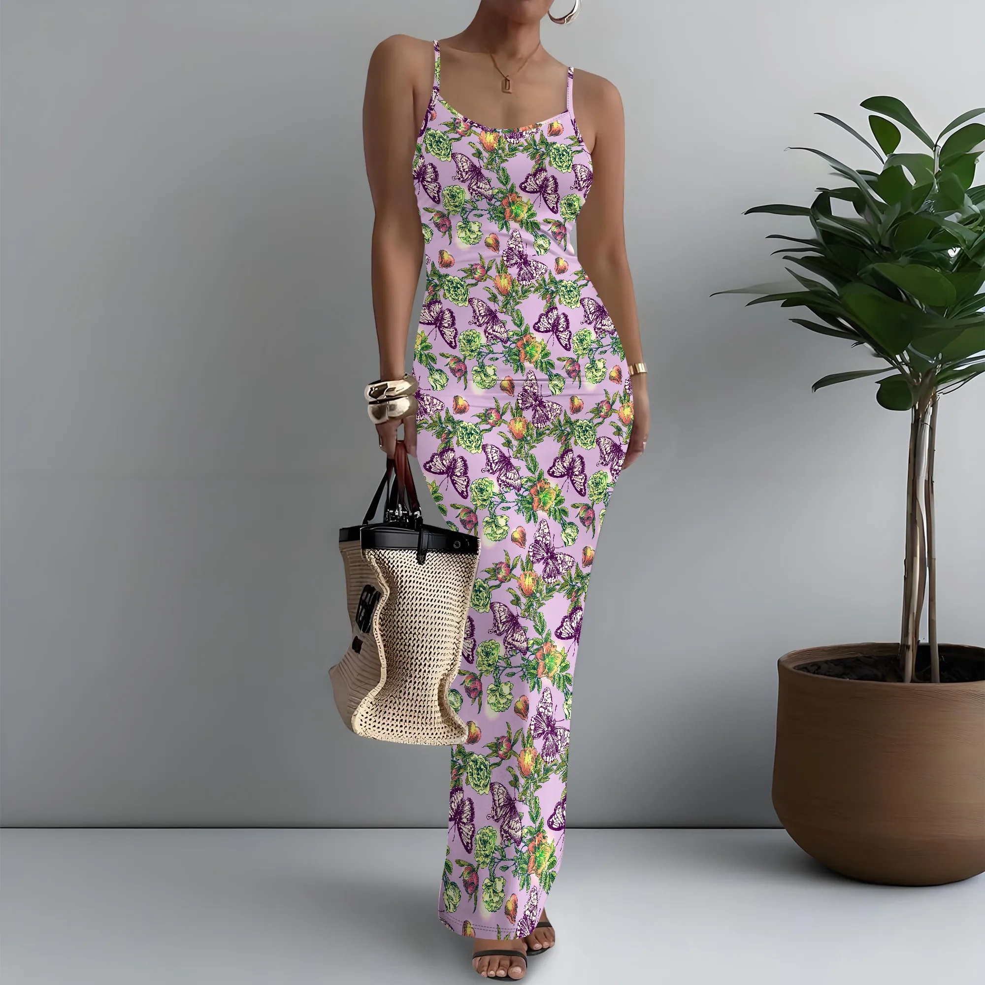 

Women's Spaghetti Strap Maxi Dress Y2K Butterfly Print Dating XS-3XL