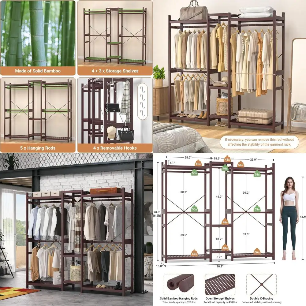 

Большая напольная вешалка для одежды с 7 полками и 5 штангами для подвешивания, открытый органайзер для гардероба с 4 крючками