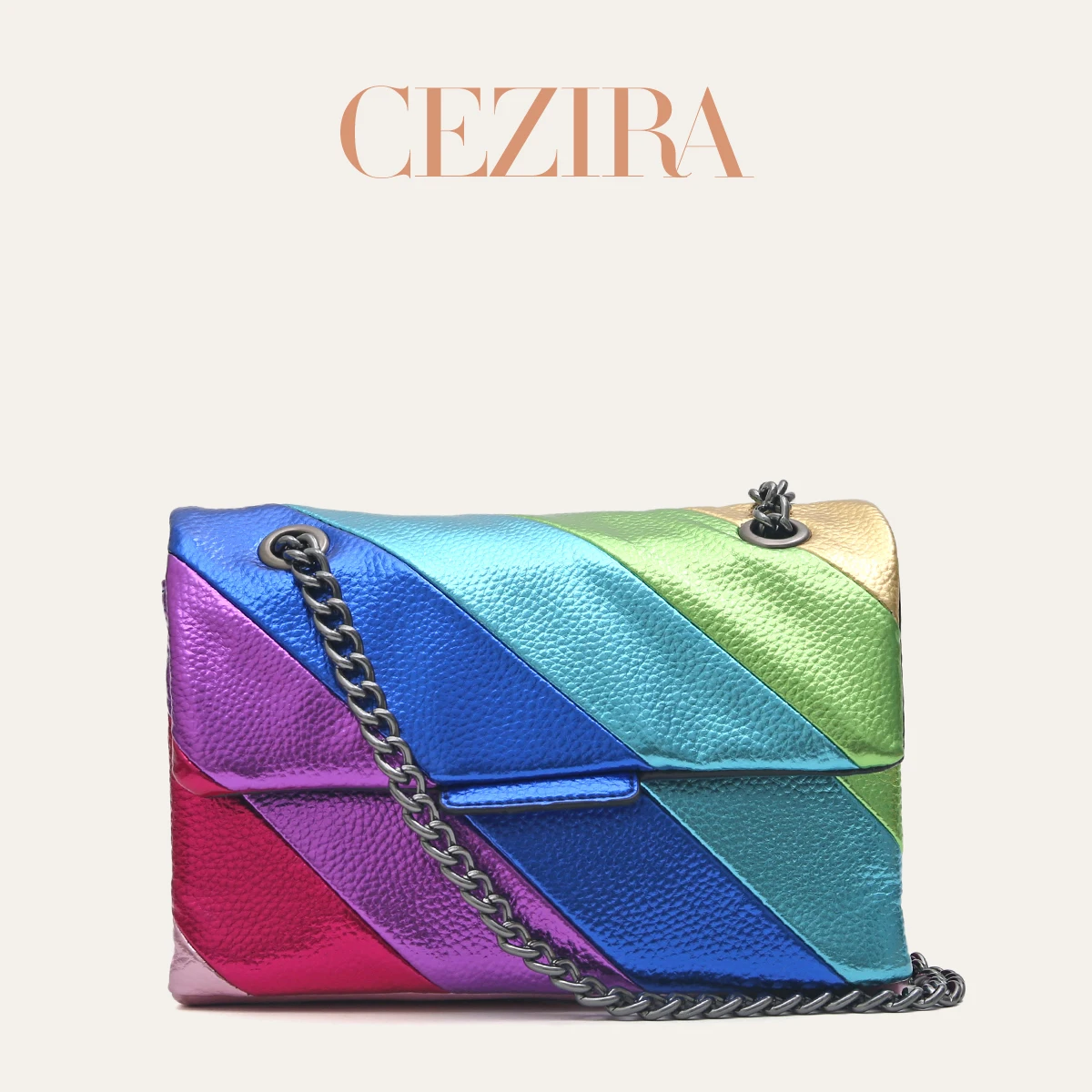 Women Fashion Metallic Rainbow Color Stripes PU Vegan Leather Bag Small Square Magnet Flap Cover Metal Chain Cross body Daily