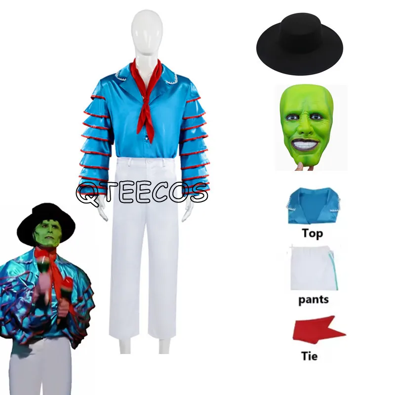 

Jim Carrey The Mask Costume Men Women Adult Cosplay Movie TOP Pants Hat Suit Uniform Carnival Party Halloween Outfits