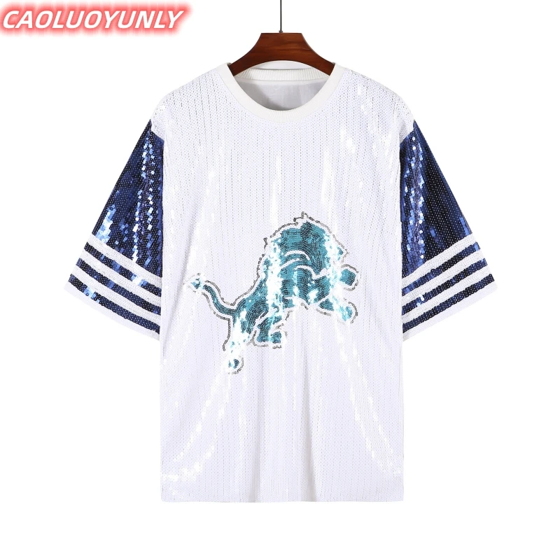 

Summer Streetwear Short Sleeve High Quality Sequins Stripe Cartoon Patchwork T-Shirt Hip Hop Round Neck Straight Women's Wears