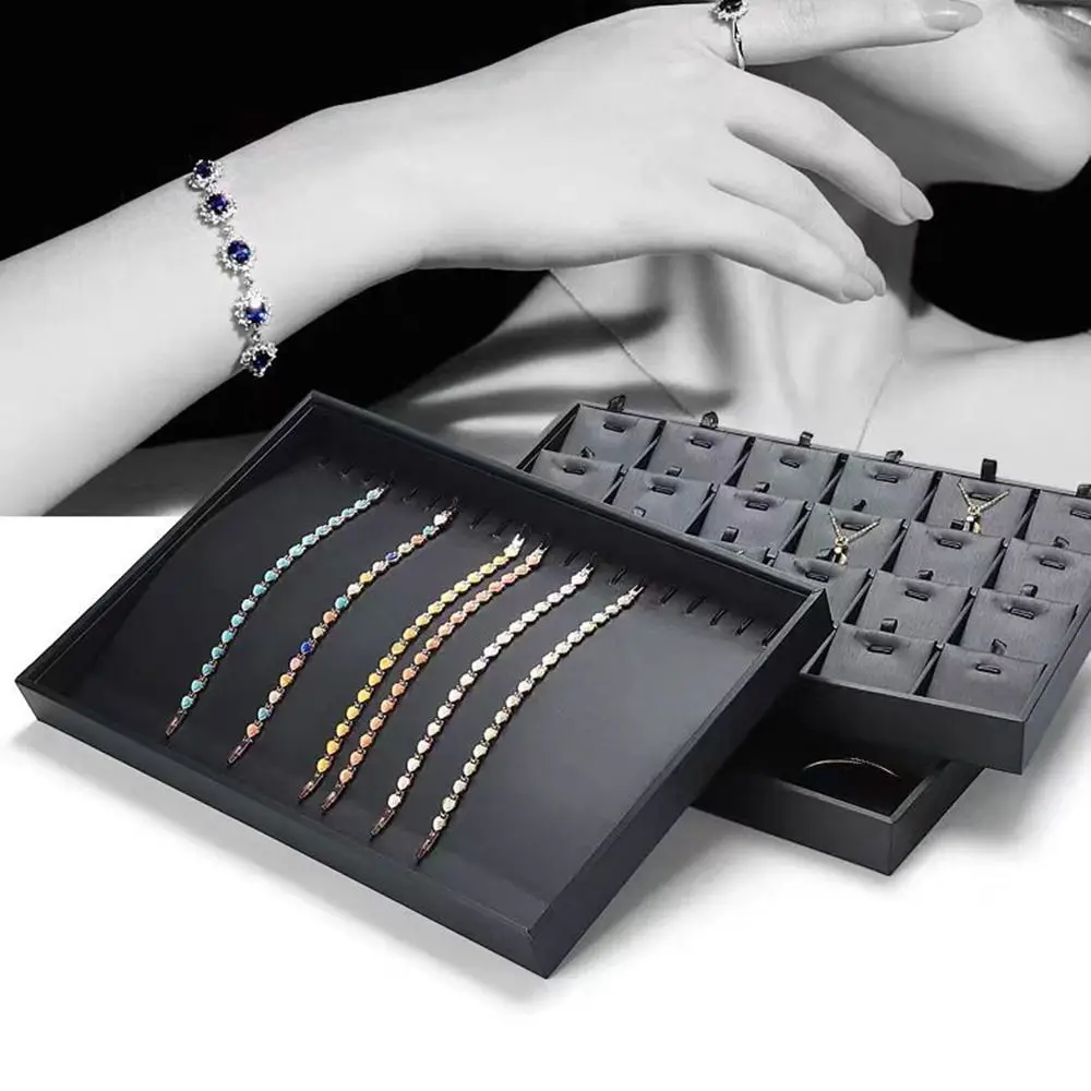 Stackable Jewelry Display Tray Black Flat Bottom Bracelets Storage Organizer Anti-slip Multi Compartments