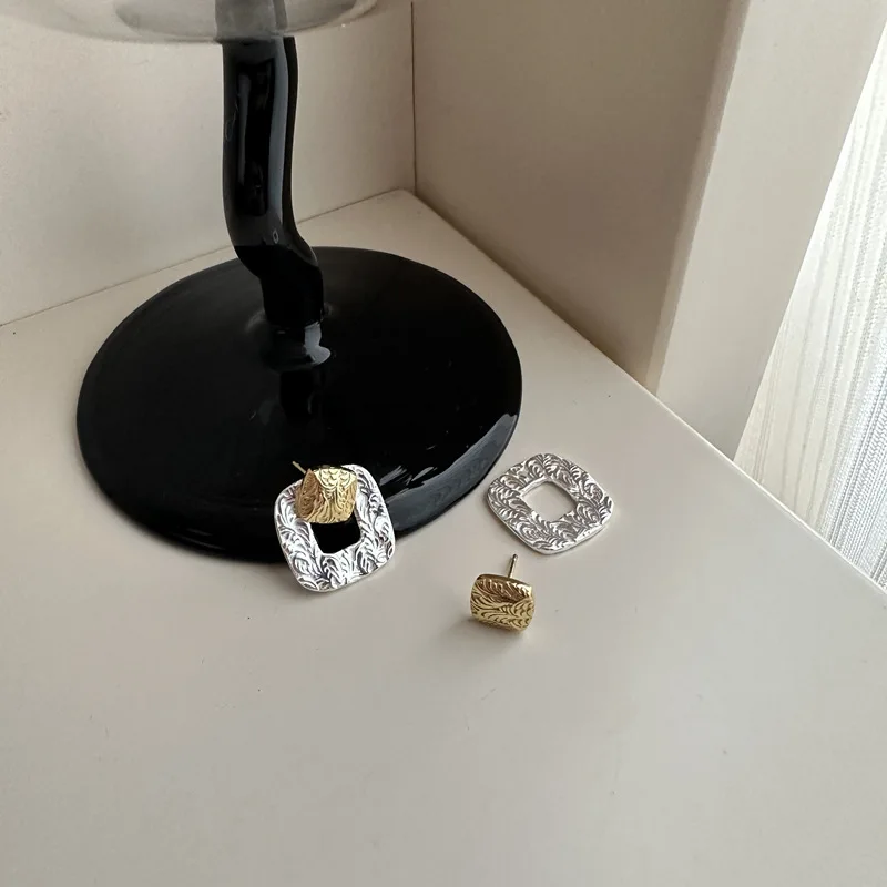 S925 Sterling Silver Earrings Tang Grass Pattern Chinese Earrings Simple Fashion Gold and Silver Color Clash Geometric Earrings