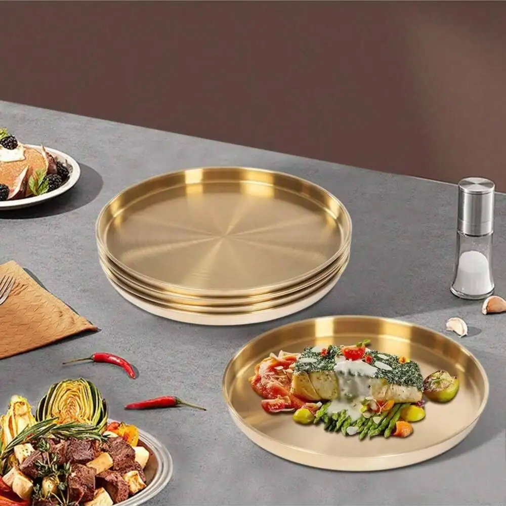 6Pcs Serving Stainless Steel Round Tray Gold Decorative Plate Makeup Organizer Dishes Food Jewelry For Restaurant Living