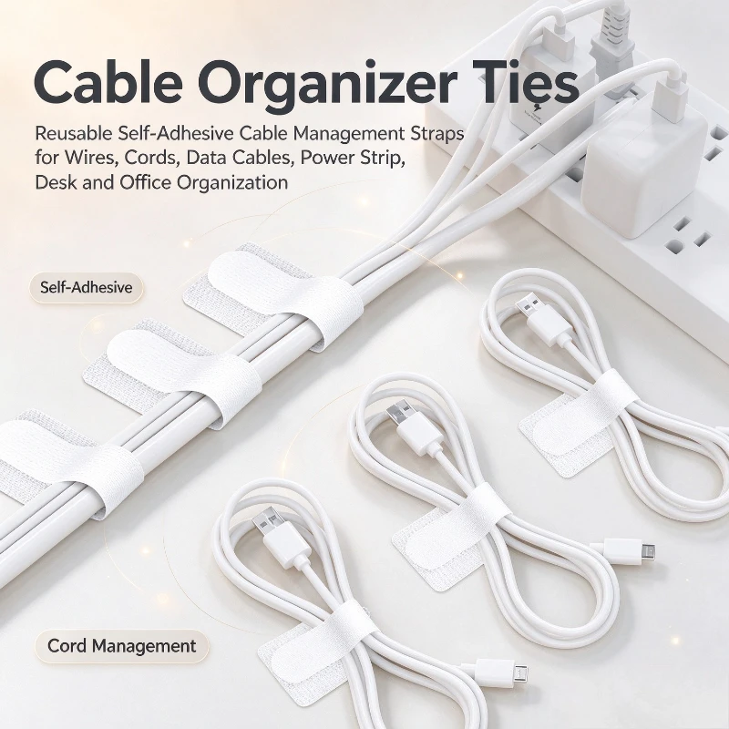 10PCS Hook And Loop Cable Management Strap Self Adhesive Wire Holder Under Desk Fixer For Power Cord Organization
