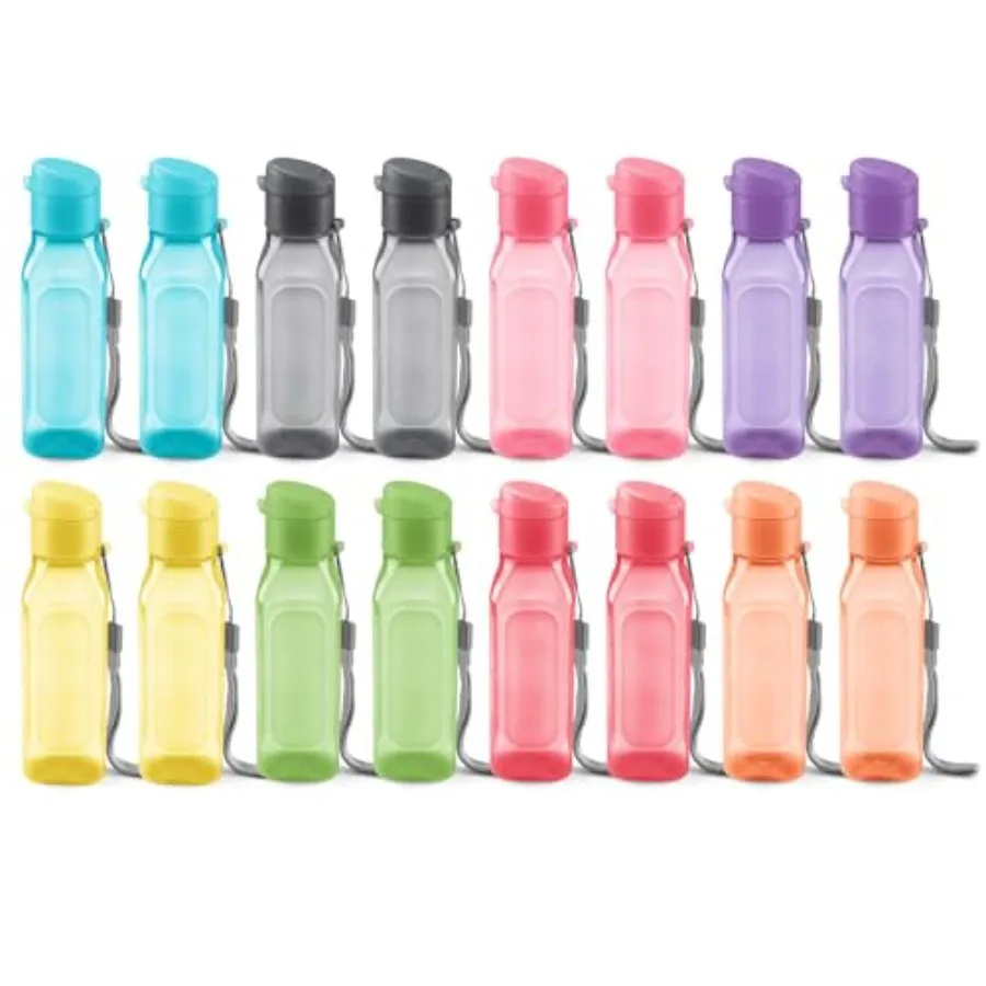 

Bulk Set of 16 Multicolor 10oz Water Bottles for and Adults - Leak Proof With Carry Strap - Square Reusable for Juice, Drinks -