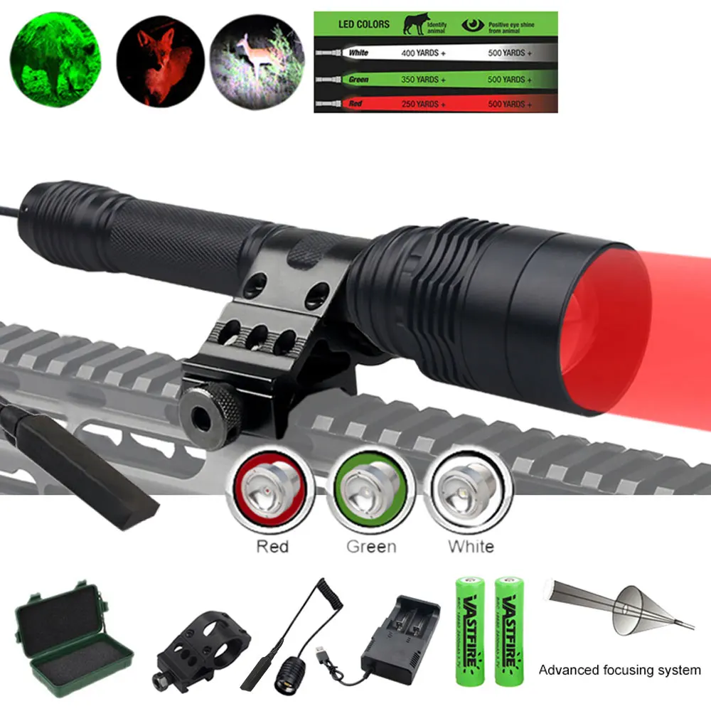 Tactical 500 Yards Red Green White Light 3 in 1 Flashlight Zoomable LED Torch Lamp Adjustable FocusHunting Lamp with Rifle Mount