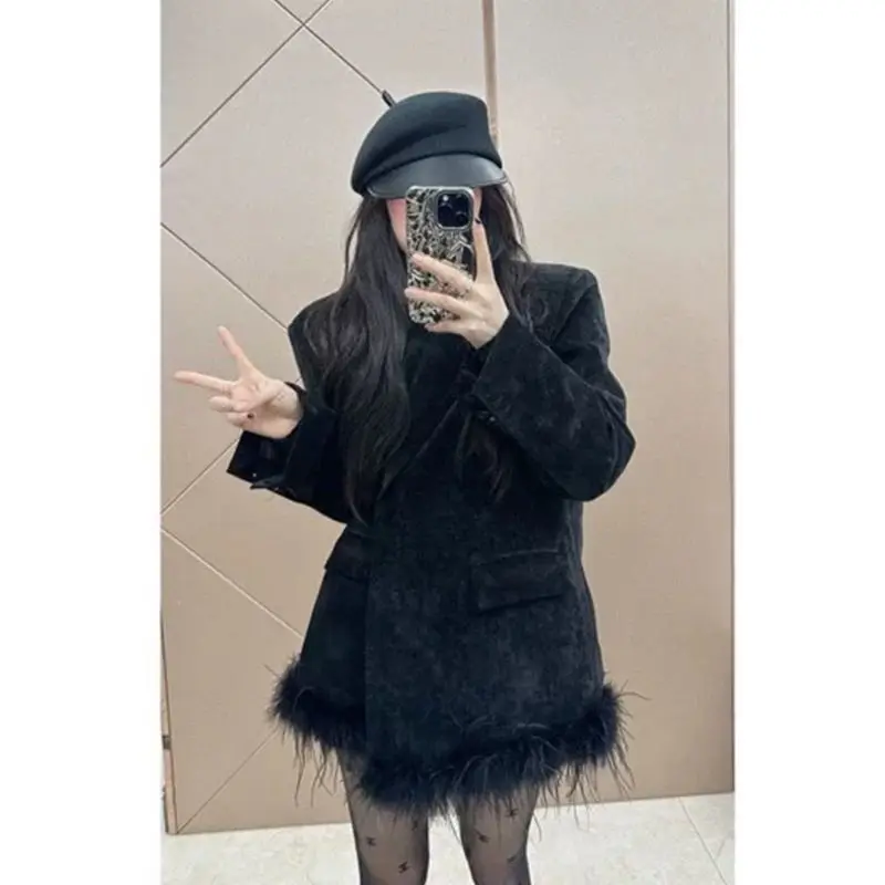 Zimowa, luksusowa, czarna, sztruksowa, ocieplana marynarka damska w stylu koreańskim, elegancki płaszcz z futrzanym wykończeniem, luźna kurtka garniturowa, odzież damska.