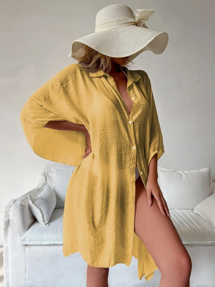 New Sexy Bikini Cover Up Women Beach Shirts Slub Cotton 15ColorsSwimsuit Cape 2024 New Summer Long Sleeve Tunic Swimwear Outfits