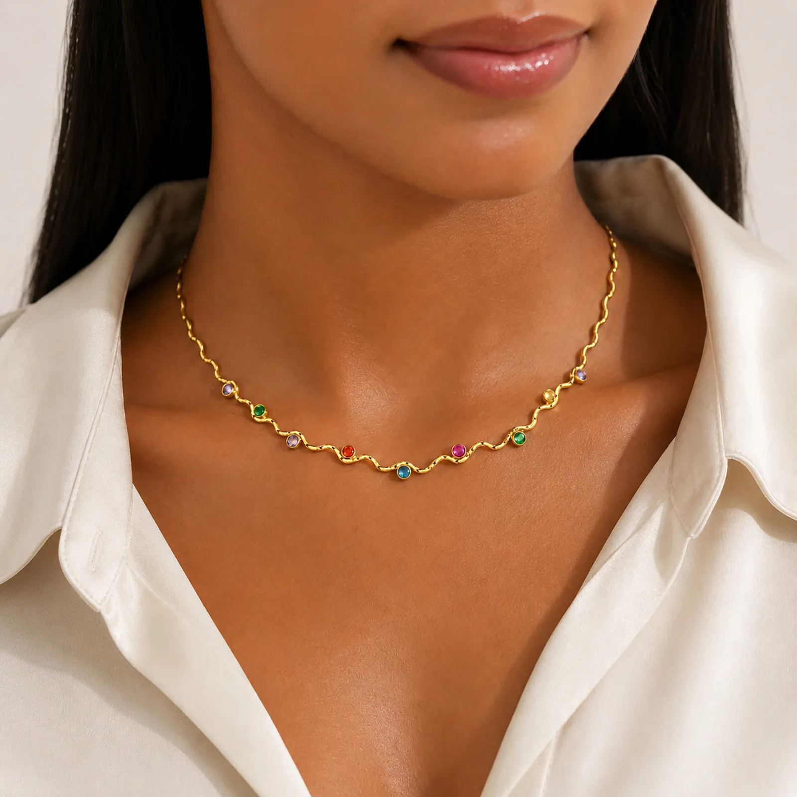 Vnox Trendy Gold Plated Colorful Cubic Zircon Wave Necklace for Women Exquisite Stainless Steel Clavicle Chain Bohemian Jewelry