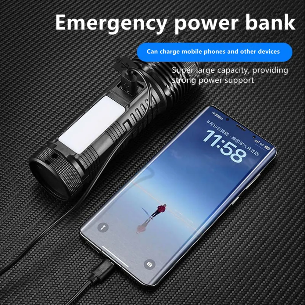 High Power Strong Flashlight Double White Light Yellow Light Telescoping Zoom With Power Display USB Charging Camping Torch