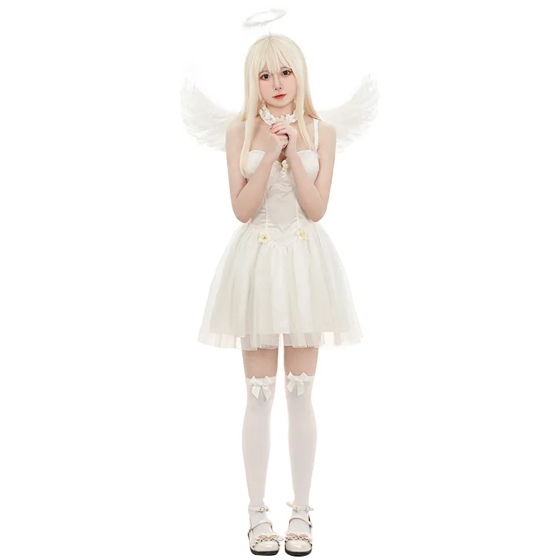 Sexy branco anjo vestido combinando cocar goves e asas halloween fantasma noiva traje zumbi menina cosplay