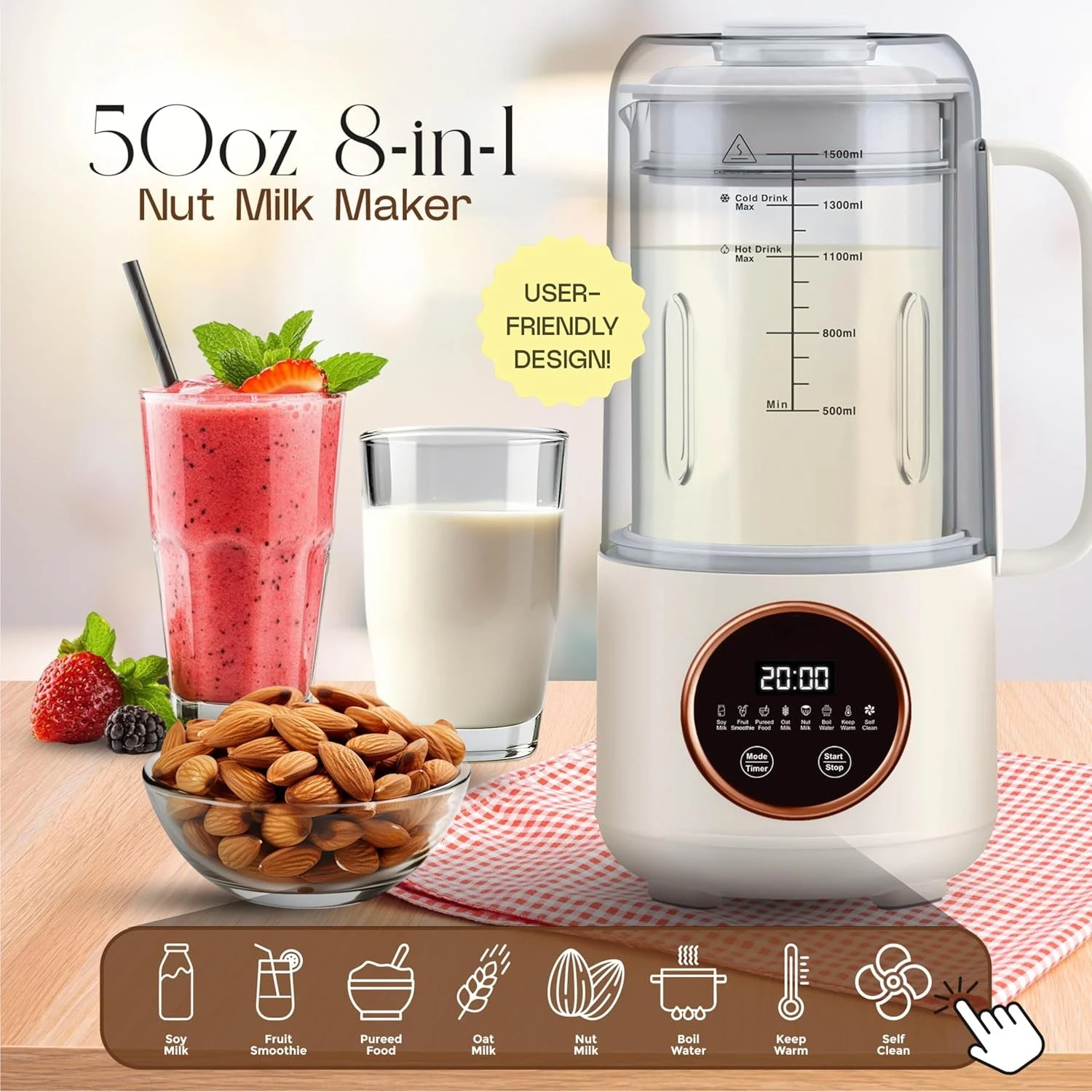 Nuevo Máquina para hacer leche de nueces 8 en 1 50 oz: almendras, soja, avena, leche de coco, leche sin lácteos, leche a base de plantas, batido