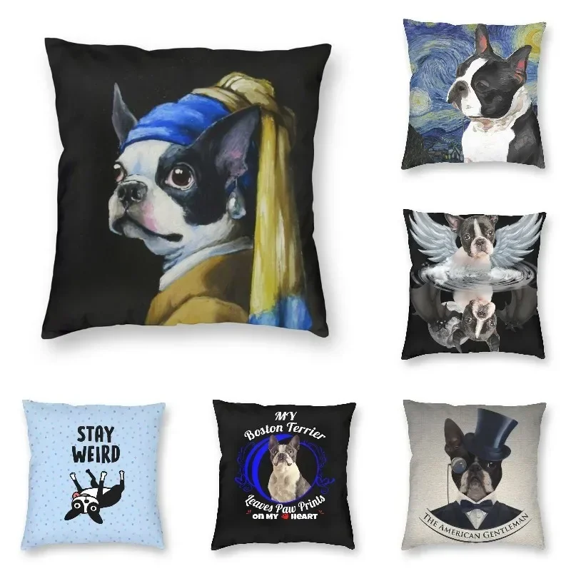Funda de cojín de terciopelo con pendiente de perla para sofá, funda de almohada de lujo con dibujos animados de perro Boston Terrier, decoración de sala de estar, decoración del hogar