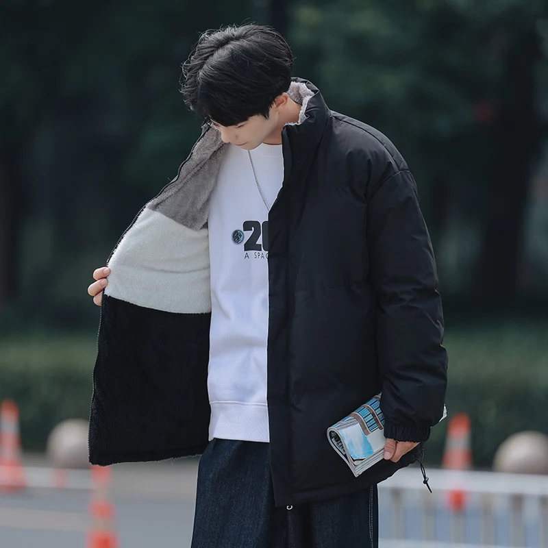 سترة شتوية للرجال ذات وجهين سميكة من القطن بياقة مدورة مخططة من الصوف سترة قطنية مريحة ودافئة وملابس خارجية