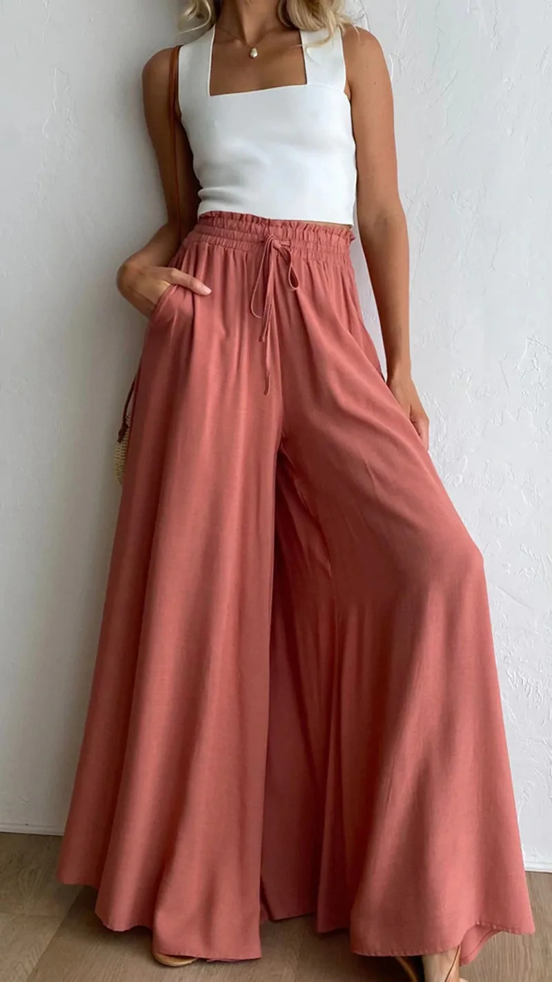 

Casual Flared Wide-Legged Pants Summer Breathable Wlastic Waistband High-Waisted Long Skirt Pants for Women