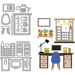 2pcs Office Scene Cutting Dies Desk Window Chair Embossing Stencils Die Cuts Template for Paper Card Making Decoration DIY