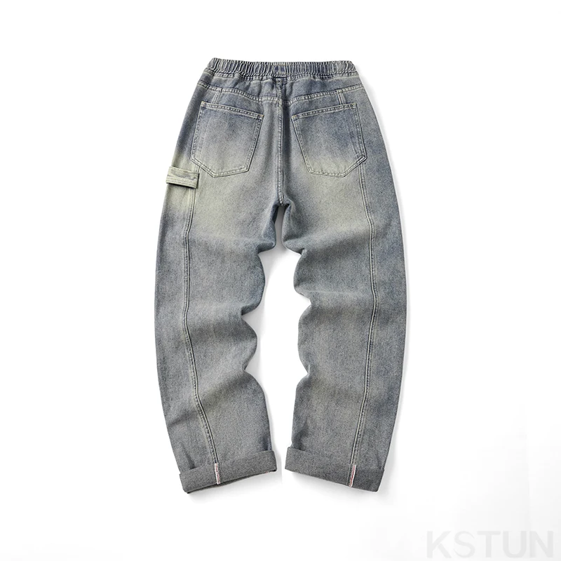 Retro Blue Jeans Men Baggy Pants Loose Fit Man Wide Leg Trousers Vintage Strawstring Fashion Desinger Striped Mens Clothing Boys