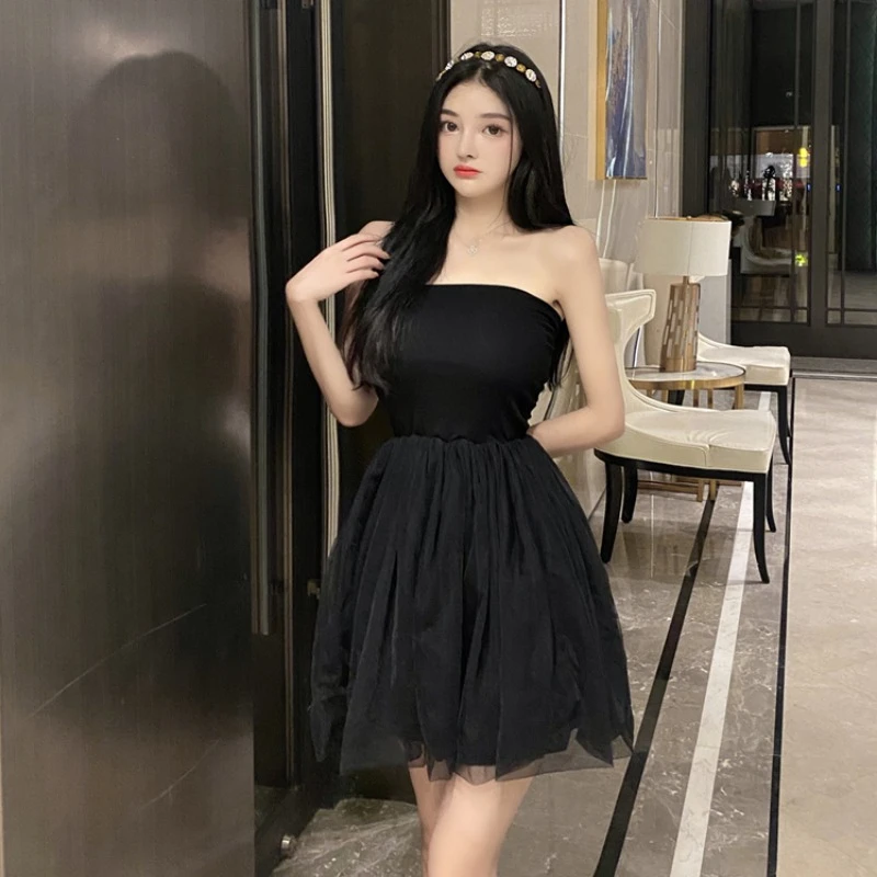 Voile Dresses Women Strapless Solid Hotsweet High Street American Style Elegant Slim Simple Spliced Advanced Stylish Exquisite