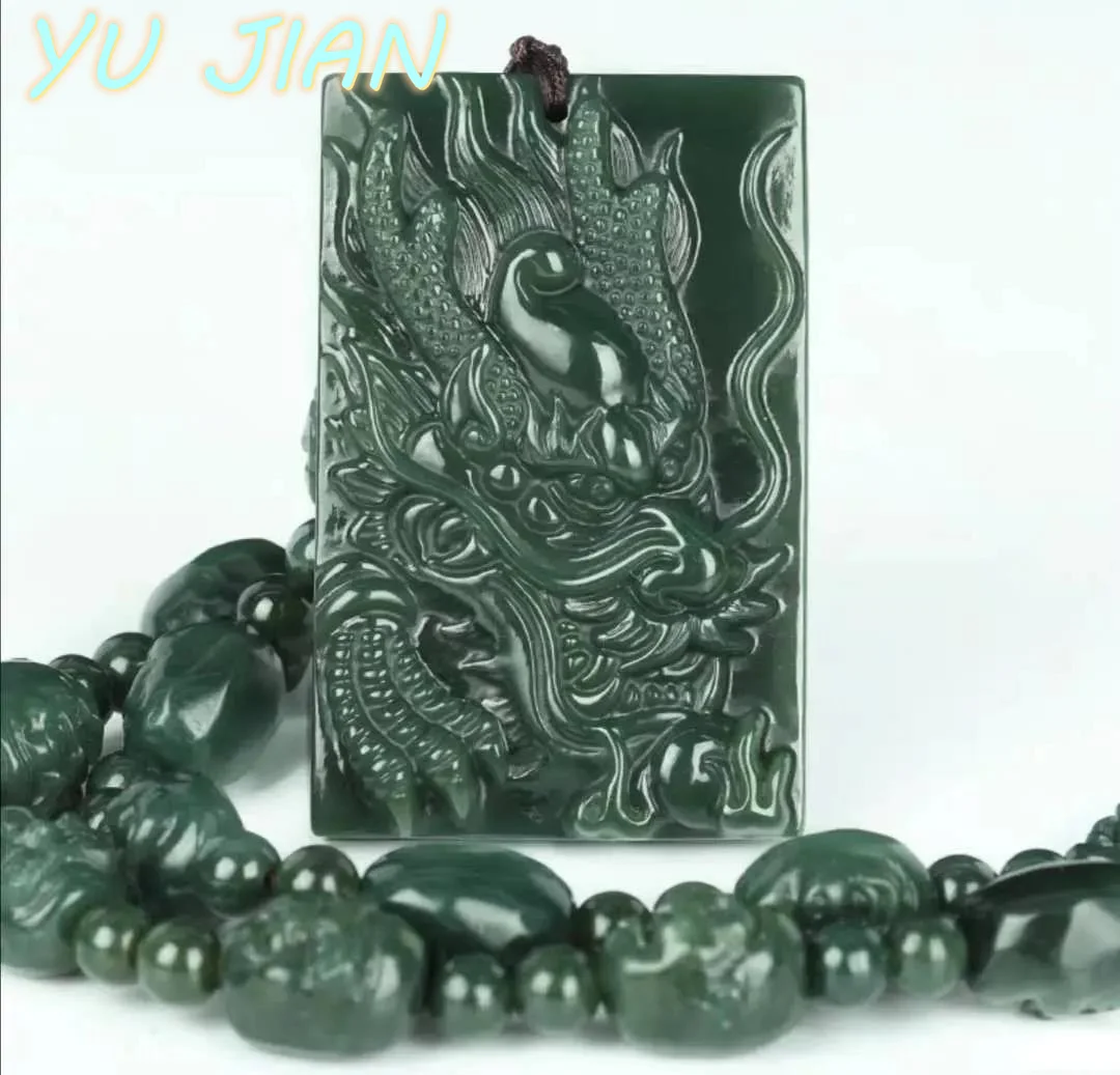 

Hetian Jade Natural Cyan Dragon Pendant Ladies Men's Glamour Jewelry Fashion Accessories Hand Carved Necklace with Chain