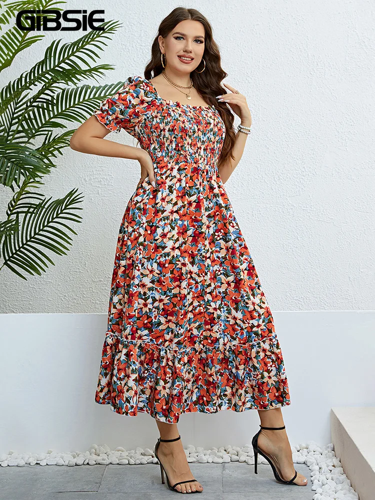 GIBSIE Floral Print Square Neck Puff Sleeve Dress Women Plus Size Vacation Boho Beach Ruffle Hem A-line Summer Long Dresses 2024