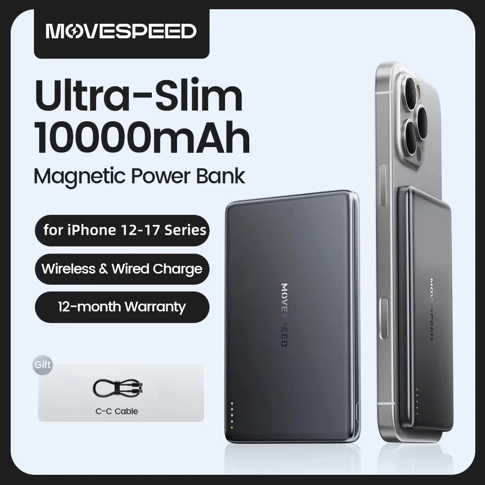 MOVESPEED Magnetyczny Power Bank 10000mAh Slim Bezprzewodowa Bateria Zewnętrzna do MagSafe Powerbank dla iPhone 16 15 14 13 Samsung 24