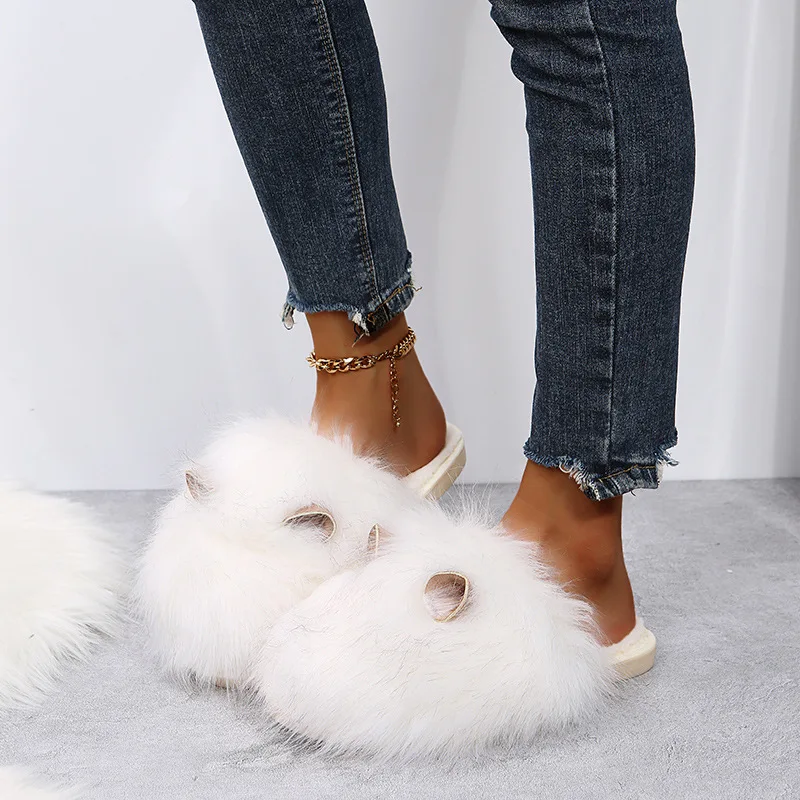 

Cute Furry Slippers for Women 2025 Autumn/Winter New Style Fashionable Fleece Cotton Slippers Warm Headpiece Half Slippers