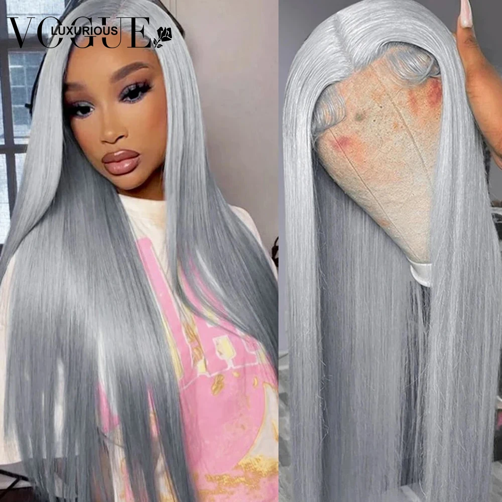 

Silver Gray Color Lace Frontal Human Hair Wig Straight For Women 150% Density Remy Hair 13x4 13x6 Transparent Lace Front Wigs