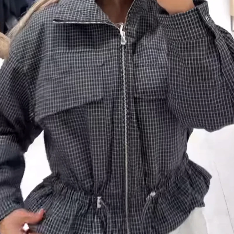 Ladies Loose Fit Grid Pattern Short Jacket Fall High Collar Zipper Front Drawstring Waist Female Shopping Weekend Trip Outerwear