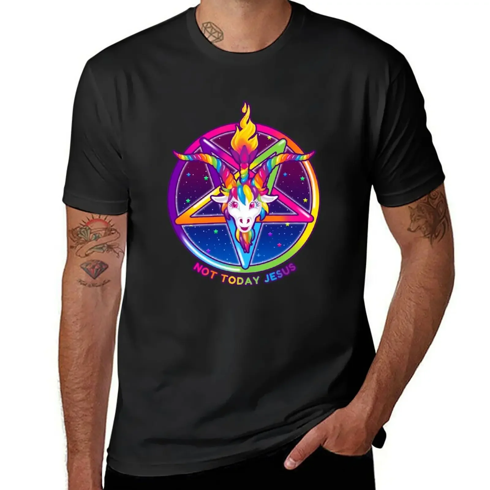 

1997 Rainbow Neon Goat Head Pentagram Not Today Jesus T-Shirt summer tops blacks mens designer t shirt