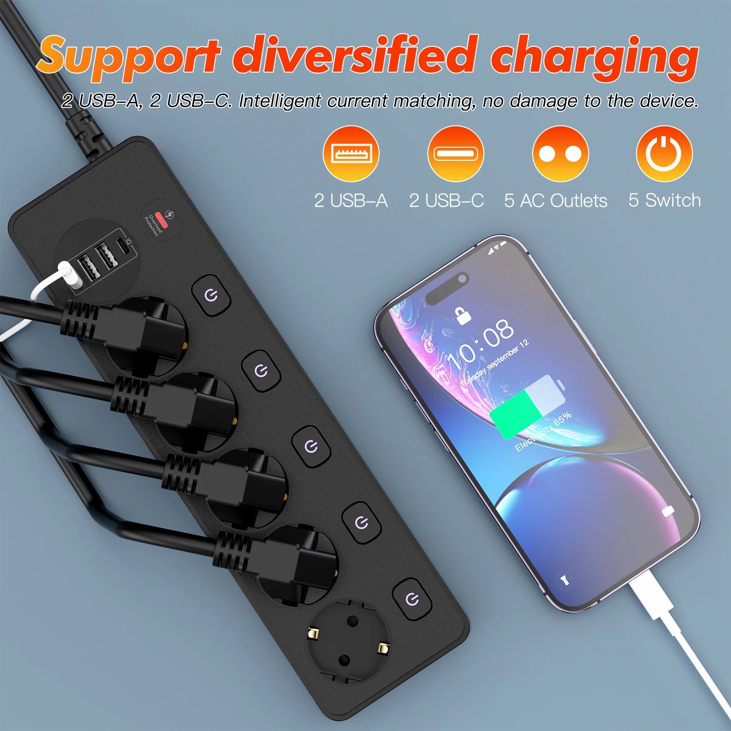 EU AC Plug Power Strip Wall Mounted Independent Switch Multitap Socket Network Filter With USB Charging Network Filter Adapter