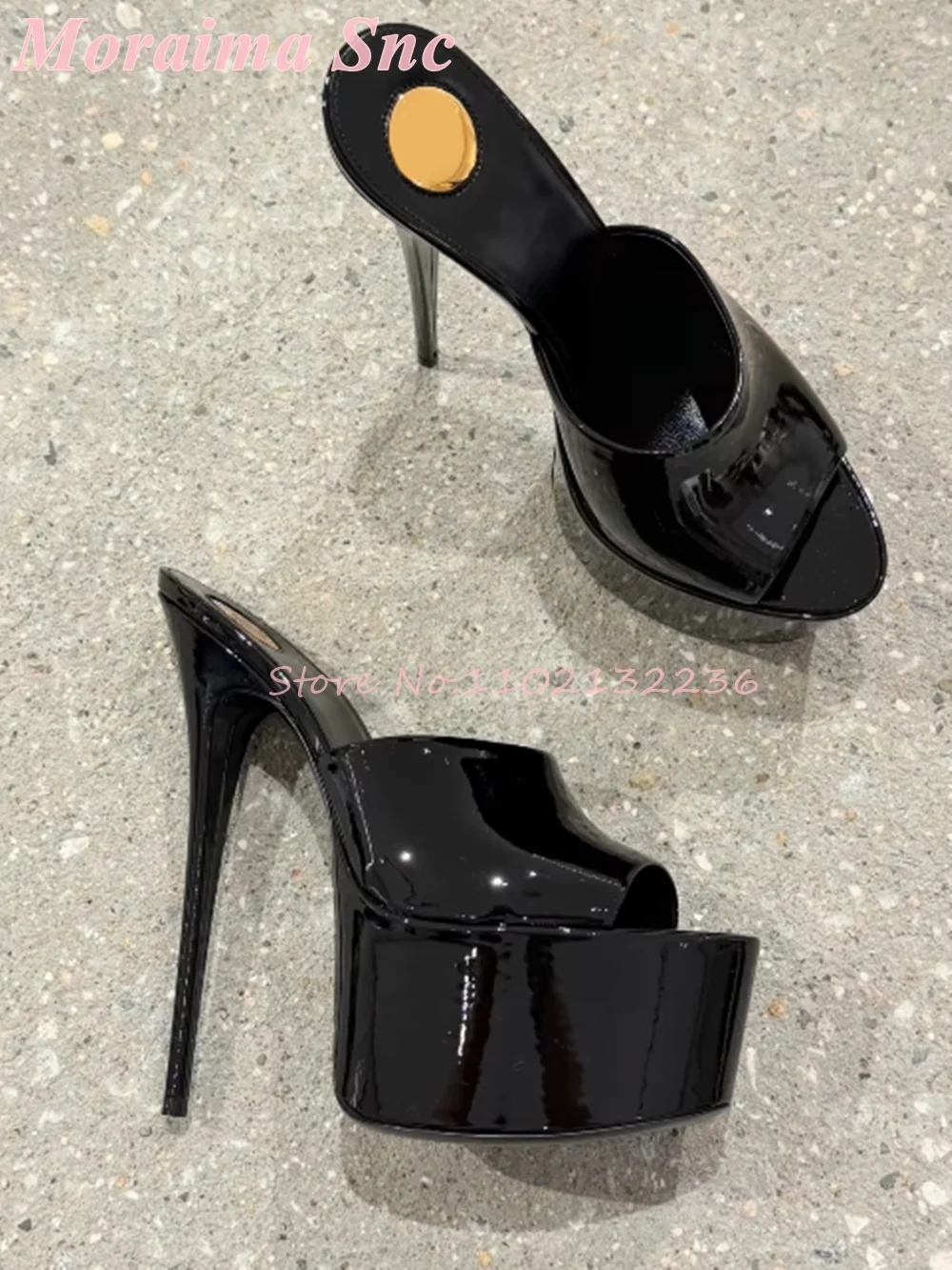Patentleder Peeptoe-Plateau-Stiletto-Mules mit hohem Absatz zum Anziehen, super schmaler High Heel für Nachtclubs, Partys, Dating-Abende, glamouröse Abendveranstaltungen.