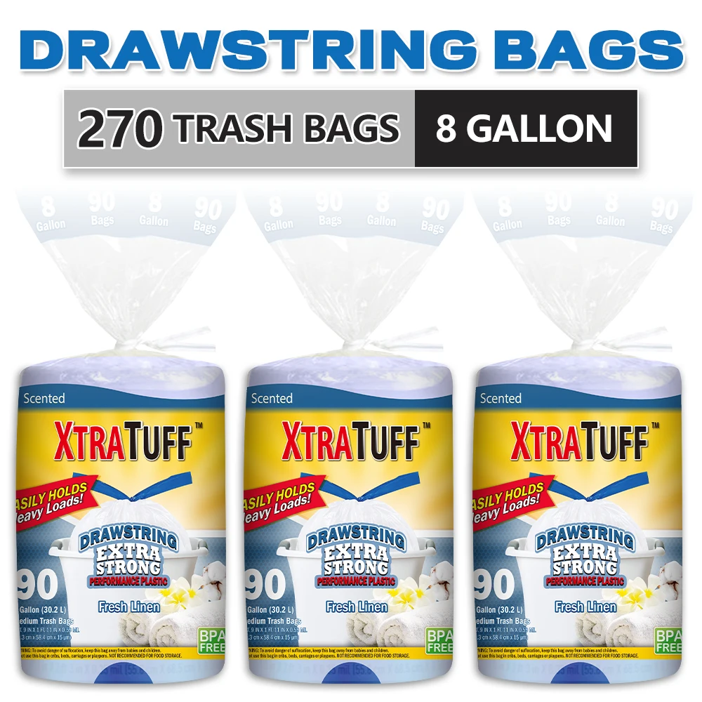 Xtratuff Medium Drawstring Trash Bags 8 Gallon Trash Bag Linen Fresh Scent 180 Count BPA FREE Garbage Bags White Strong Rubbish