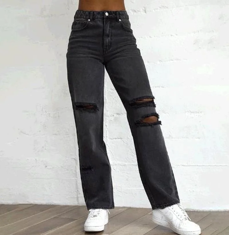 

2024 High Waist Ripped Black Pants Women Wear Ragged Black Jeans Fashion Clothing Trendy Casual Long Denim Trousers Boyfriend