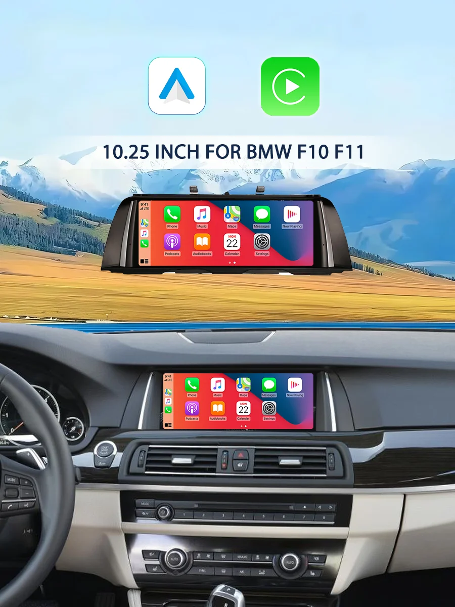 Bonroad 10.25'' 1920*720P Bezprzewodowy Carplay Android Auto Radio Samochodowe Linux z Ekranem Dotykowym Multimedialnym do BMW Serii 5 F10 F11 Nawigacja GPS Wyświetlacz Stereo — 2