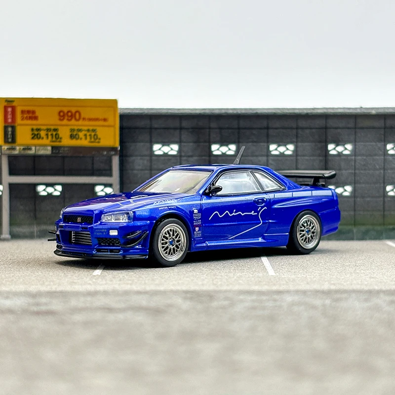 Diecast 1/64 escala nissan skyline gtr r34 modelo de carro esportivo liga nissan skyline gtr r34 modelo de carro azul exibição de coleção estática