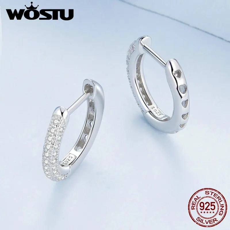 WOSTU 925 Sterling Silver European Simple CZ Ear Buckles Heart Hoop Earrings for Women Wedding Gift Minimalism Jewelry E737