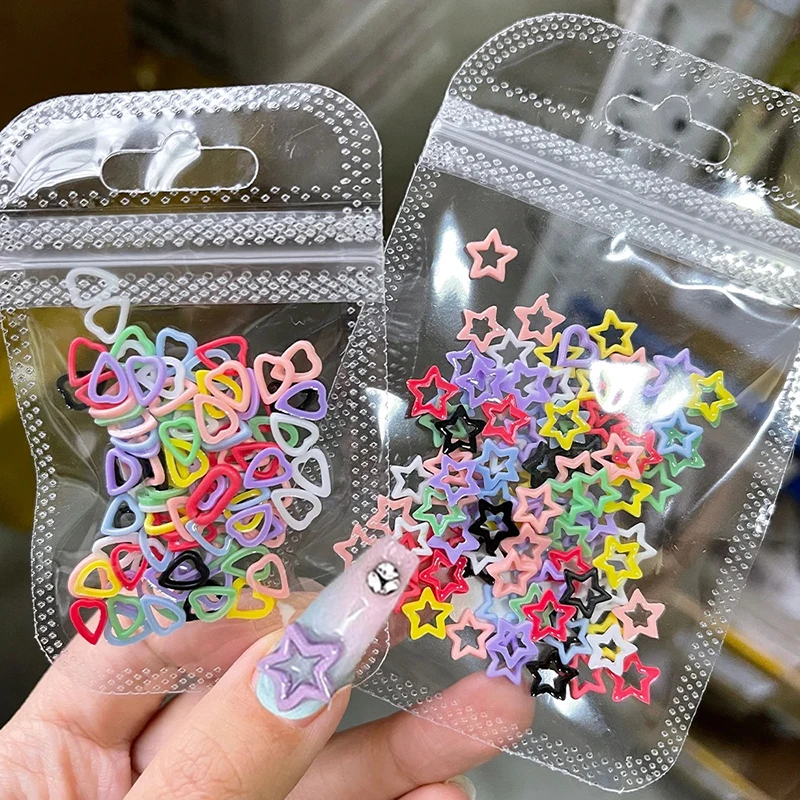 50Pcs/Bag Mixed Colorful Nail Art Decorations Hollowed Out Star And Heart Matte Charm Nail Art Accessories Resin Material