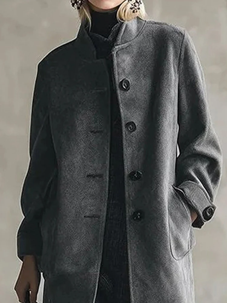 

Winter Elegant Button Solid Straight Outercoat Autumn Fashion Stand Collar Fleece Coat Women's Casual Long Sleeve Woolen Jacket