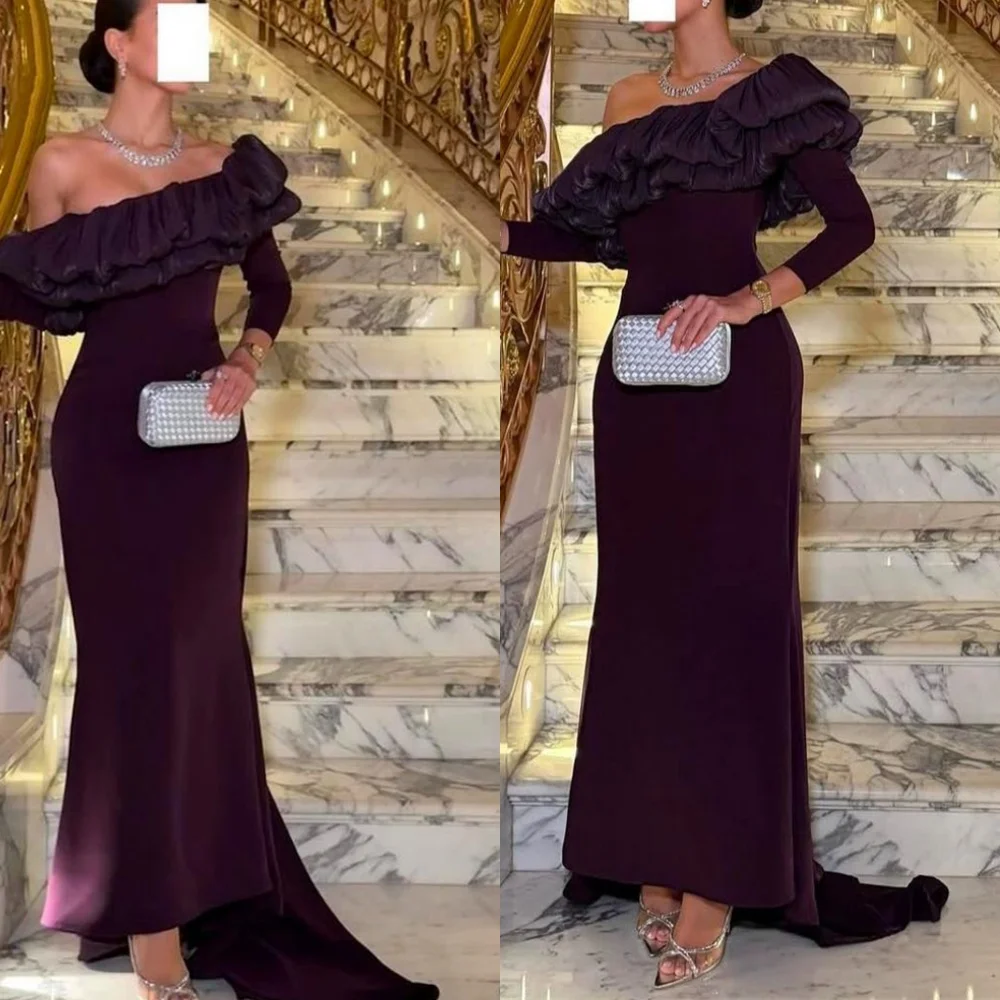 Customized Exquisite Purple Jersey Evening Dress Delicate Strapless Off the Shoulder Long Sleeves Zipper Back Homecoming Dress