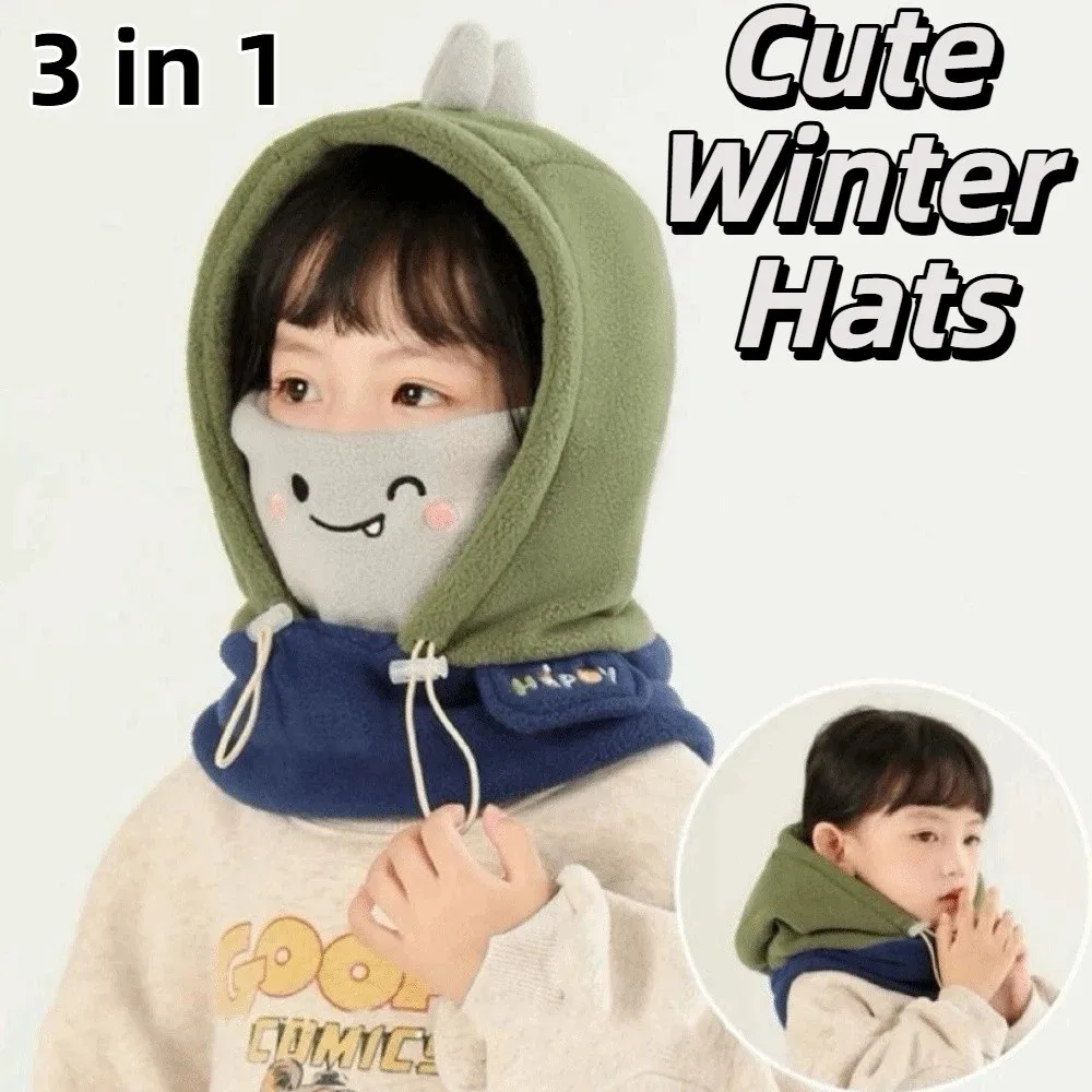 

3 in 1 Cute Winter Hats Mask&Scarf Soft One-piece Hats Thickened Neck Protection Cartoon Animal Beanie Hats Winter Season