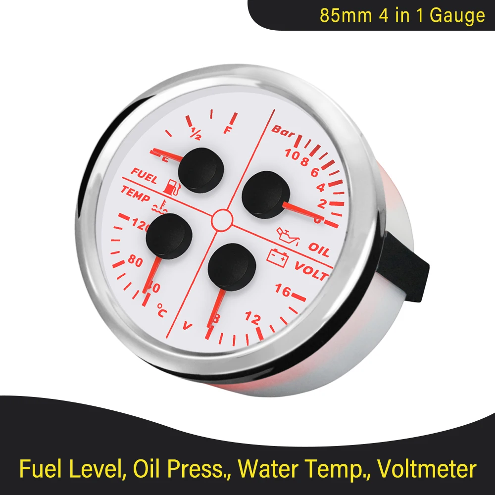 Universal 4 in 1 Multi-function 85mm Gauge 0-80Psi Oil Pressure Fuel Level 100-250℉ Water Temp 8-16V Voltmeter Red Backlight