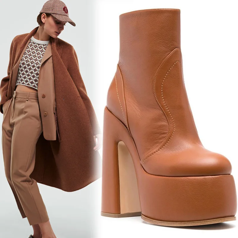 

Round Toe Thick Heel Platform Catwalk Short Boots Large Size High Heel Buckle Women Botines Back Zipper Soft Leather Ankle Botas