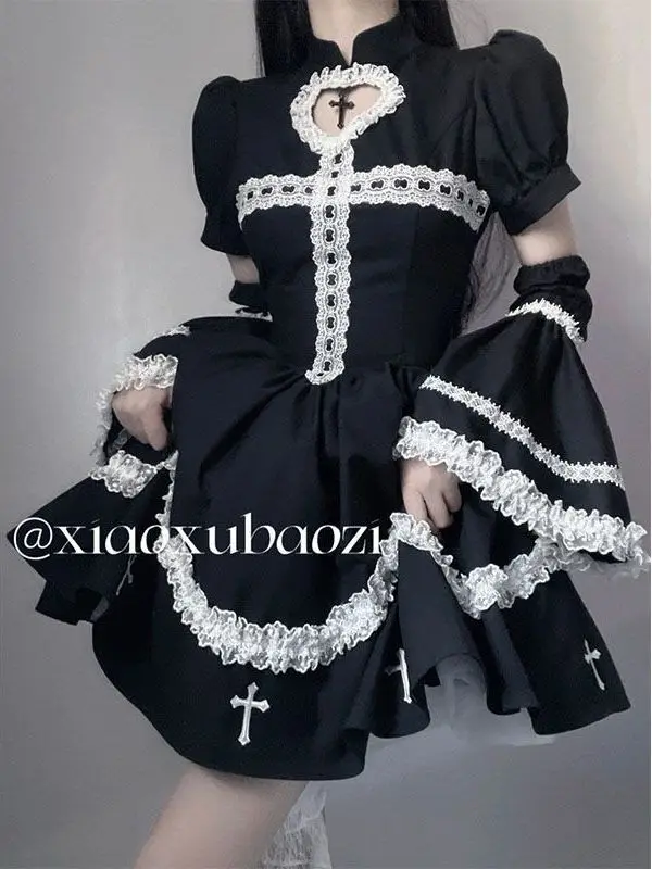 Japanese Gothic Cosplay Dress Female All-Match Robe Long Sleeve Ruffle Lace Black Midi Dresses Y2k Cute Lolita Vestid