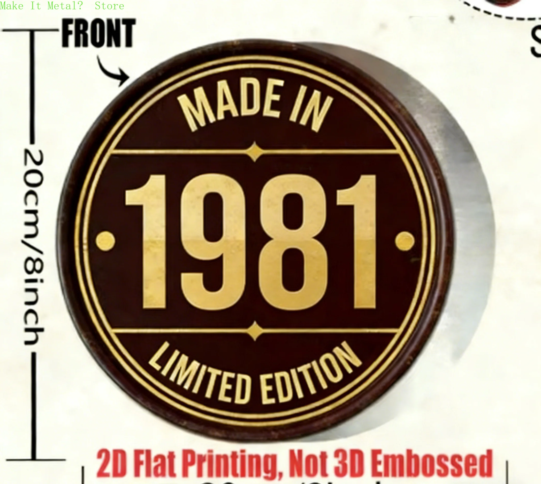 Made in 1971 20cm/8inch 2D Flat Round Metal Sign, Limited Edition Vintage Wall Decor for Bar Cafe Home