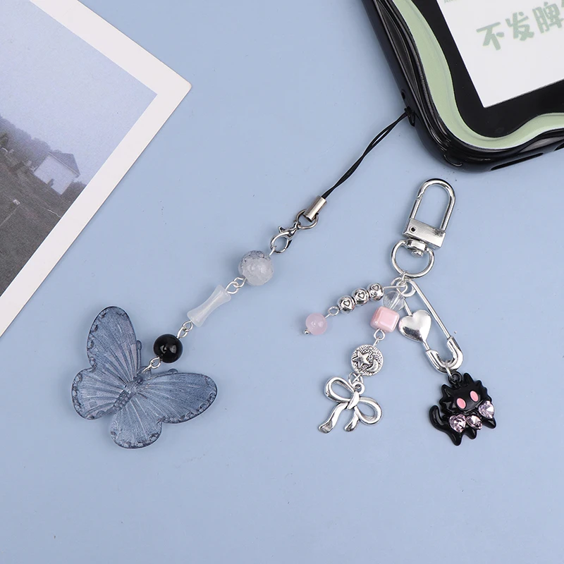 Y2k süße Katze Perlen Handy Lanyard koreanischen Schmetterling Bowknot Telefon kette für Mädchen Handy Charm Schlüssel bund