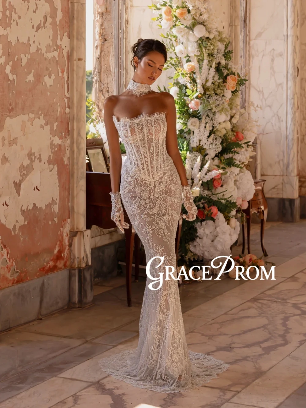 

Vintage Lace Strapless Corset Wedding Dress Sexy Mermaid Dazzling Modern Bridal Gown Customized For Elegant Brides No Gloves