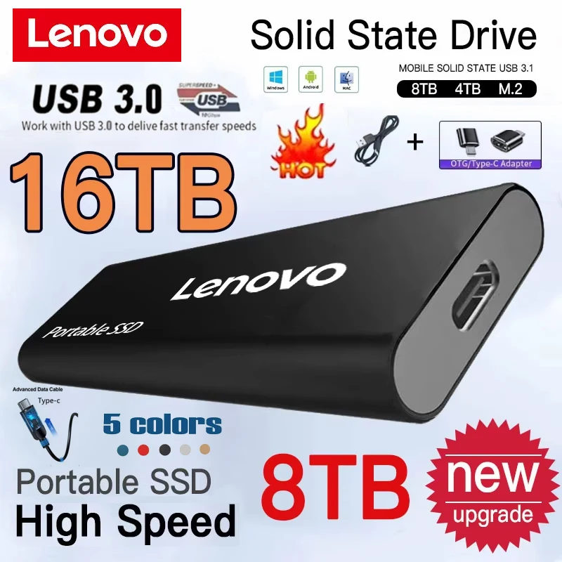 

Портативный внешний твердотельный накопитель Lenovo 4 ТБ, высокоскоростной USB 3.1/Type-C, для ноутбуков и ПК