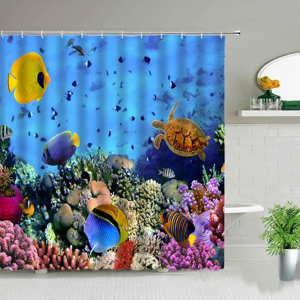 Tropical Fish Ocean Landscape Shower Curtains Underwater World Scenery Bathroom Decor Waterproof Fabric Bath Curtain With Hooks