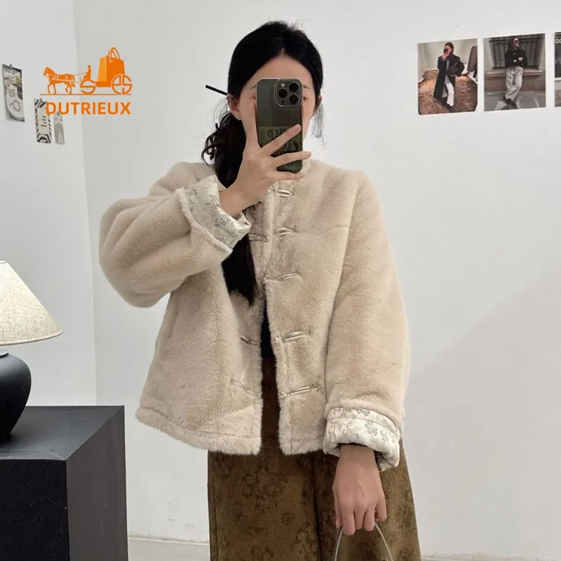 New Winter Reversible Fur Coat for Women, 100% Suede, Fashionable Travel Office Warm Buttoned Floral Coat Fur Jacket for Women